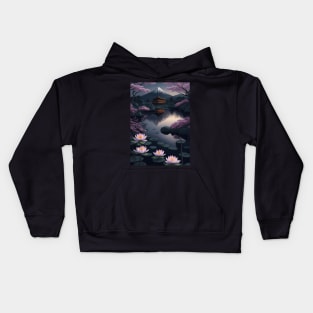 Serene Mount Fuji Sunset - Peaceful River Scenery - Lotus Flowers Kids Hoodie